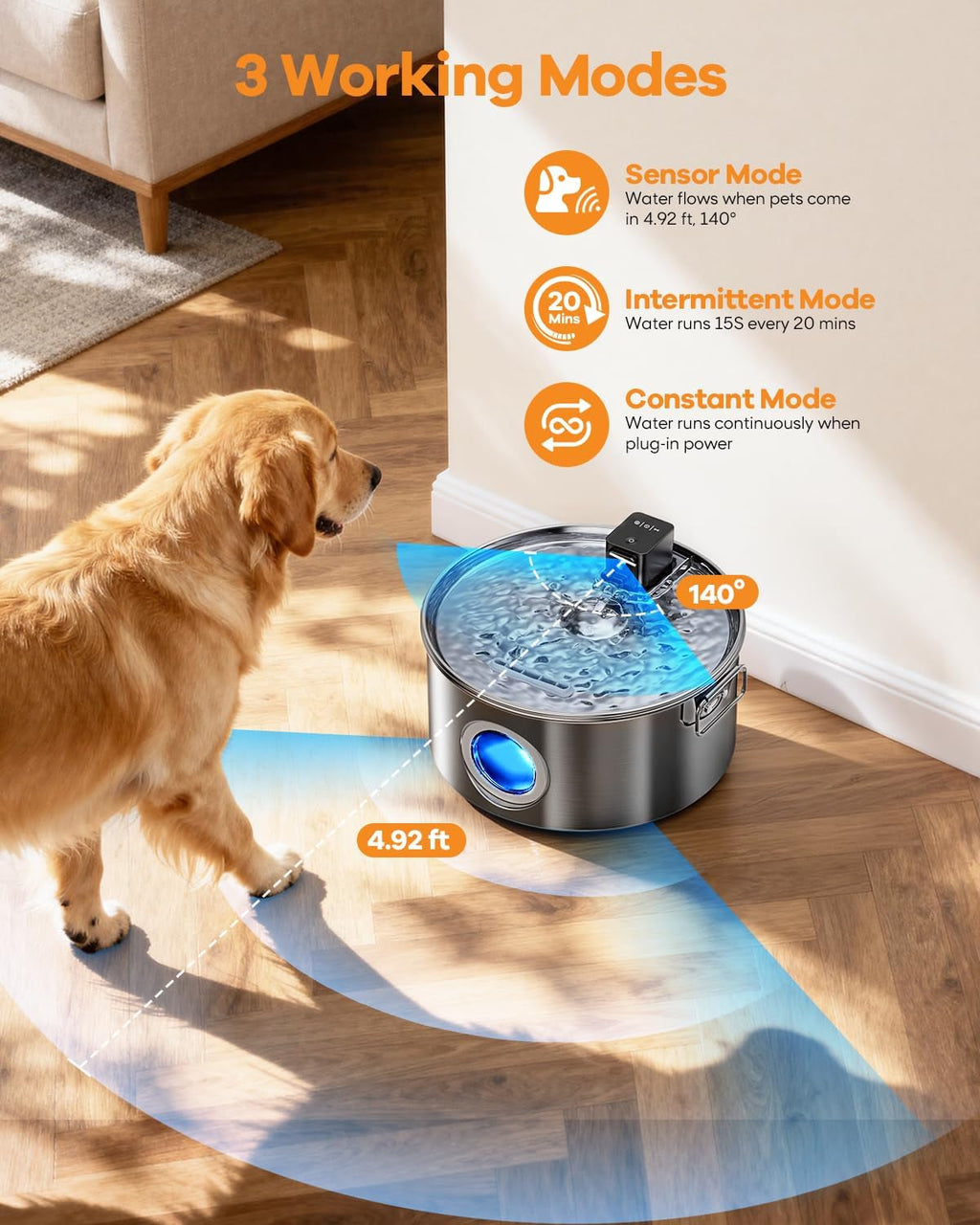 Wireless Dog Water Fountain Stainless Steel 3.4Gal Large Pet Fountain