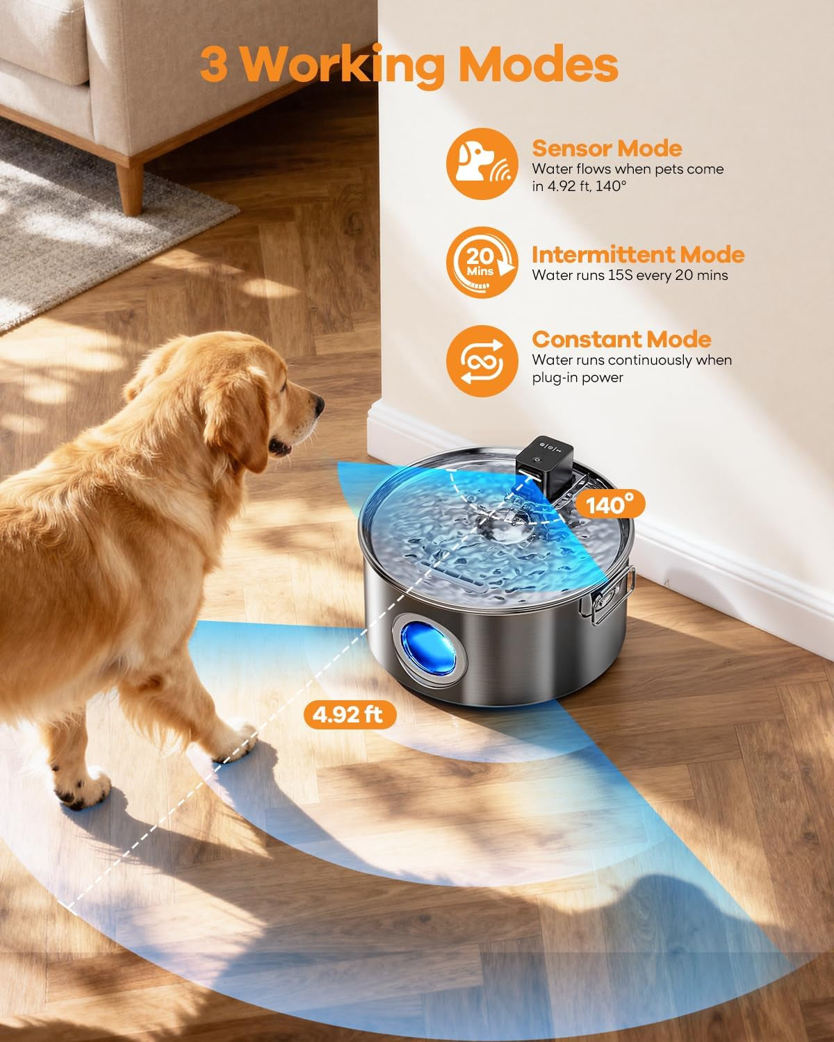 Wireless Dog Water Fountain Stainless Steel 3.4Gal Large Pet Fountain