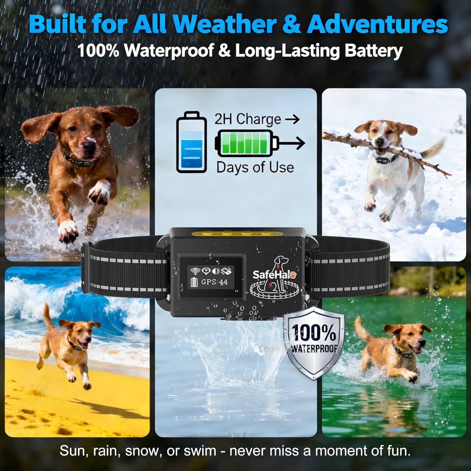 GPS Wireless Dog Fence System Waterproof Rechargeable for up to 2 Dogs