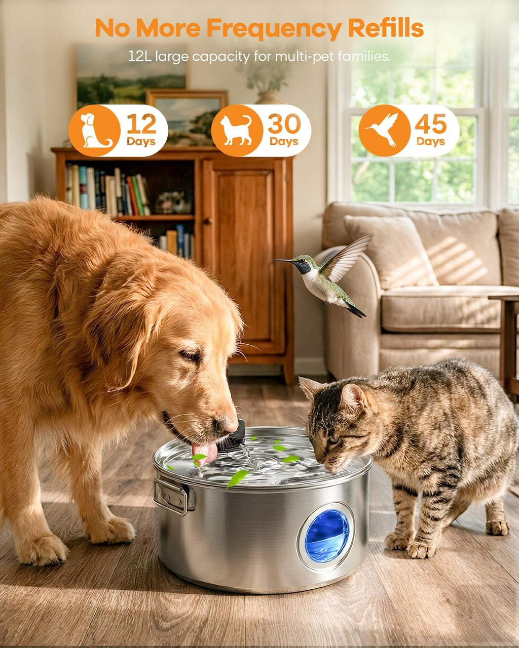 Wireless Dog Water Fountain Stainless Steel 3.4Gal Large Pet Fountain