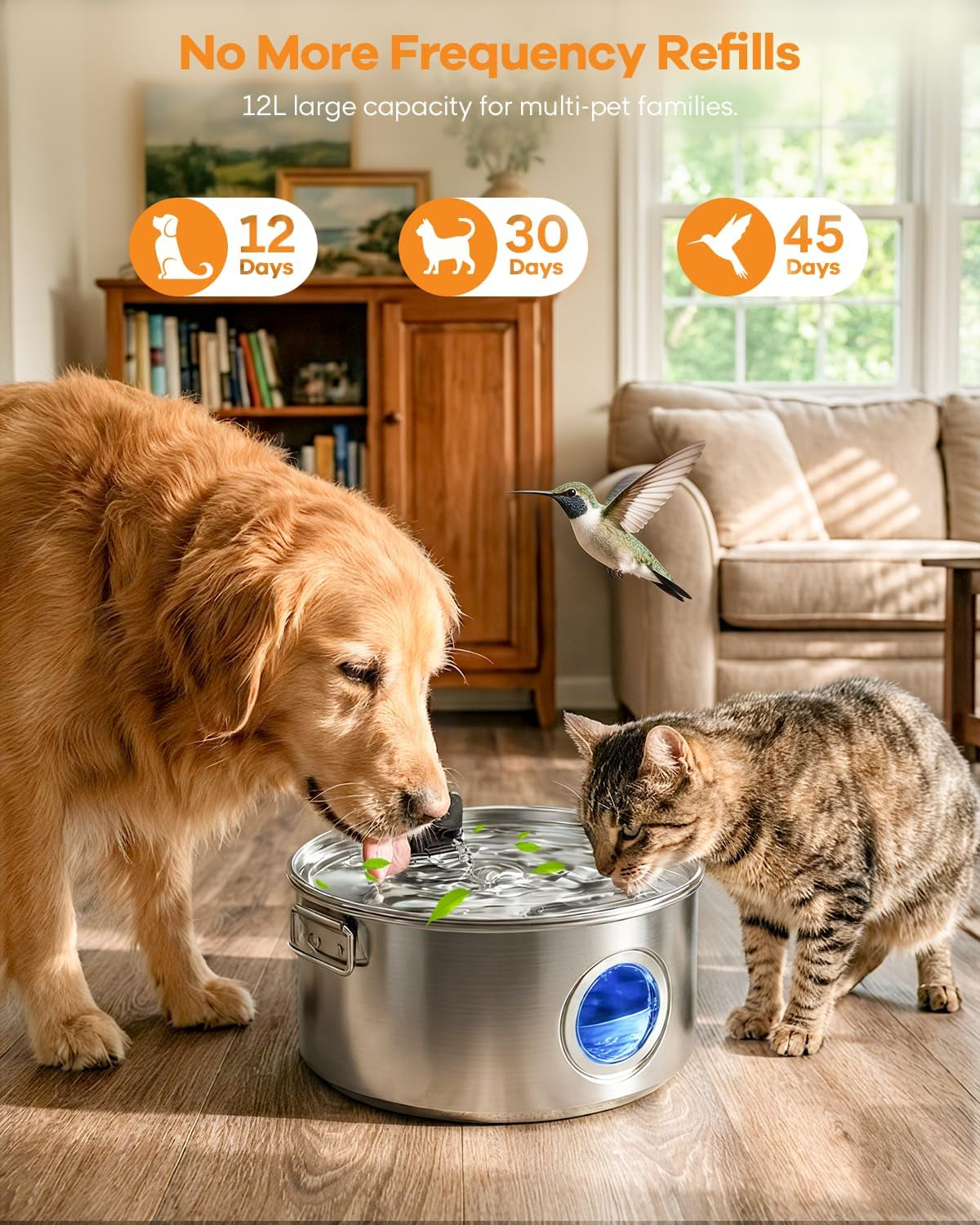 Wireless Dog Water Fountain Stainless Steel 3.4Gal Large Pet Fountain