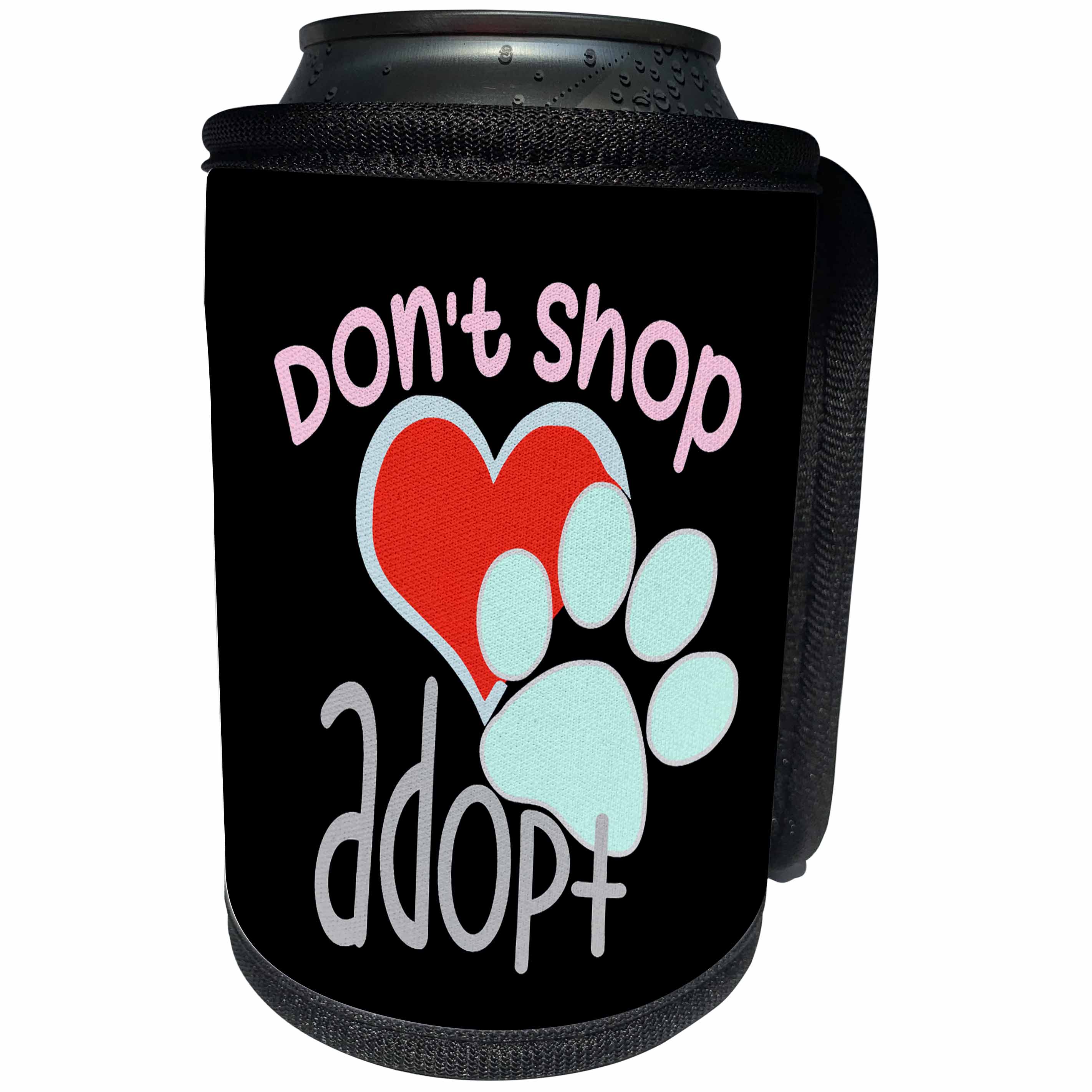 3dRose AMansMall Animal Typography - Do Not Shop Adopt a Pet, Paw Prints and Heart - Can Cooler Bottle Wrap (cc_313485)