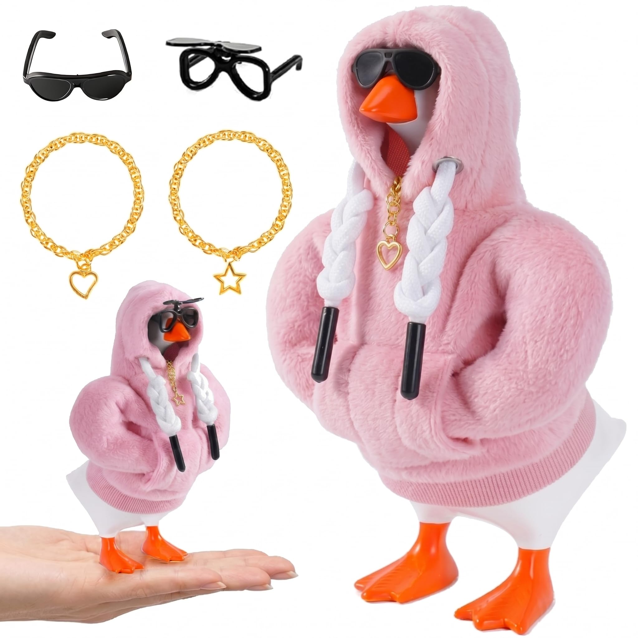 7inch Desk Goose Outfits, Desktop Goose Clothes With 1 Sunglasses & 1 Necklaces, Plush Hoodie Set For Magnetic Goose Statue