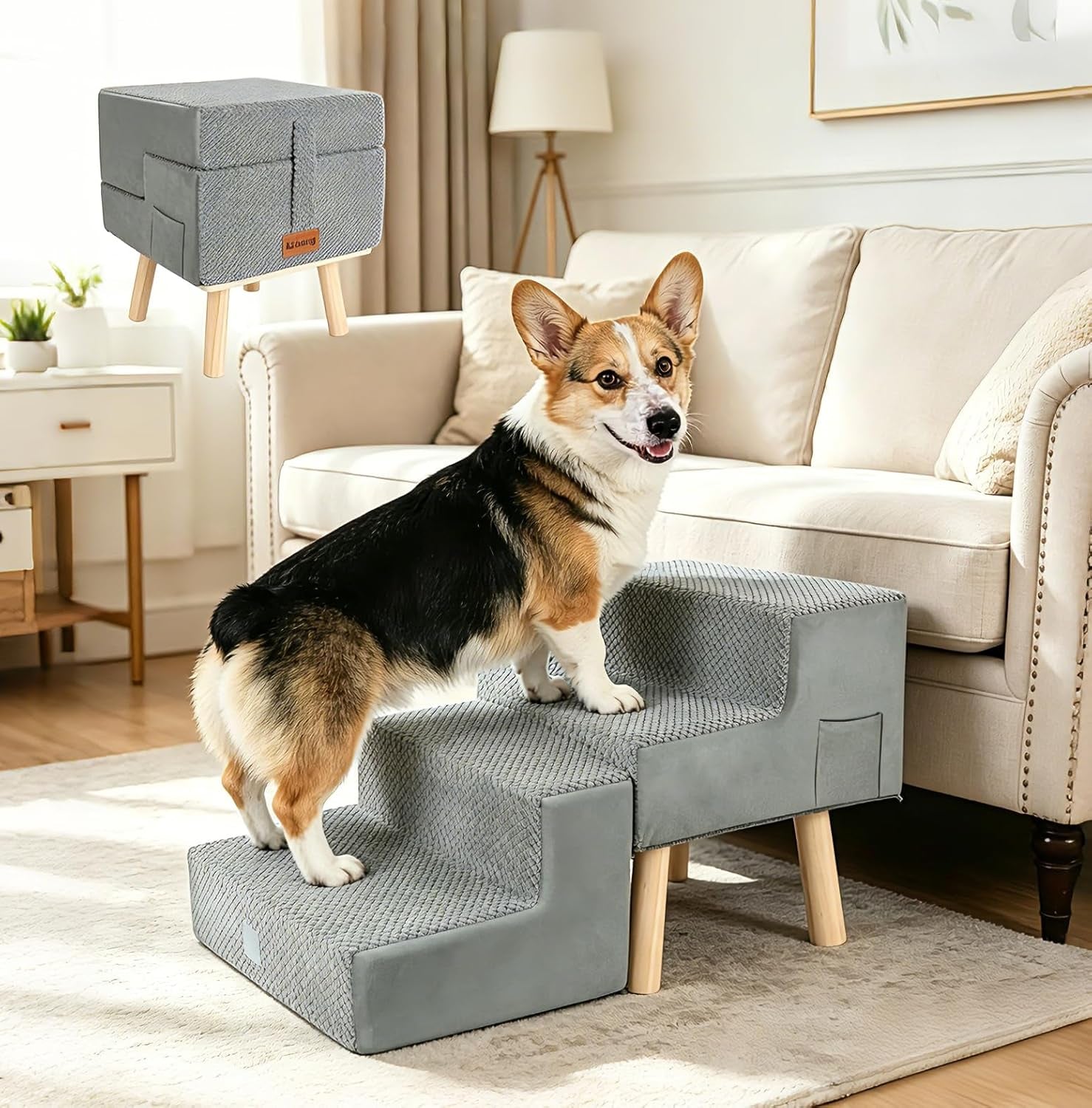 Dog Stairs 4 Step Foldable Pet Steps Ottoman Ramp for Couch Bed